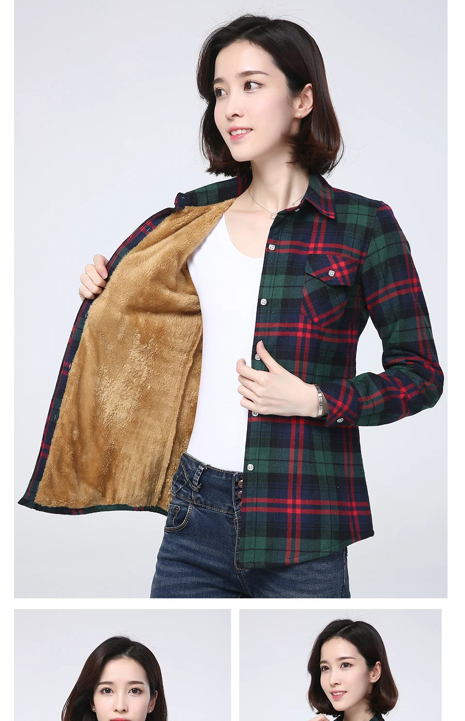 Shop Women's Warm Plaid Shirt Coat - Casual Fleece Velvet Jacket