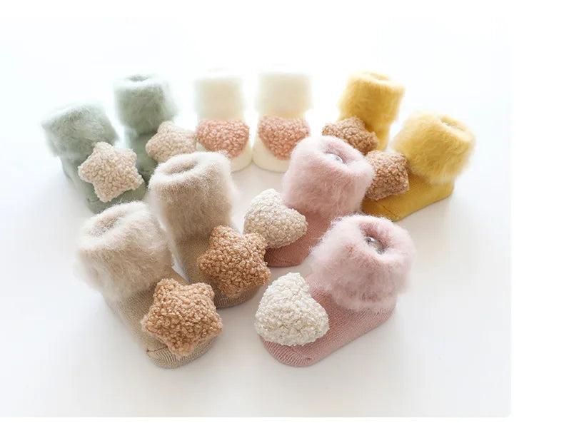 Korean Cute Baby Girls Boys Toddler White Thermal Clothes Autumn Winter Velvet Plush Keep Warm Newborn Anti Slip Floor Socks