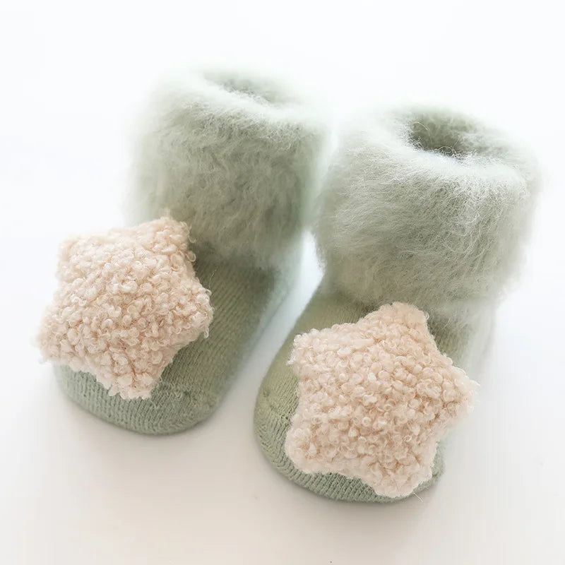 Korean Cute Baby Girls Boys Toddler White Thermal Clothes Autumn Winter Velvet Plush Keep Warm Newborn Anti Slip Floor Socks