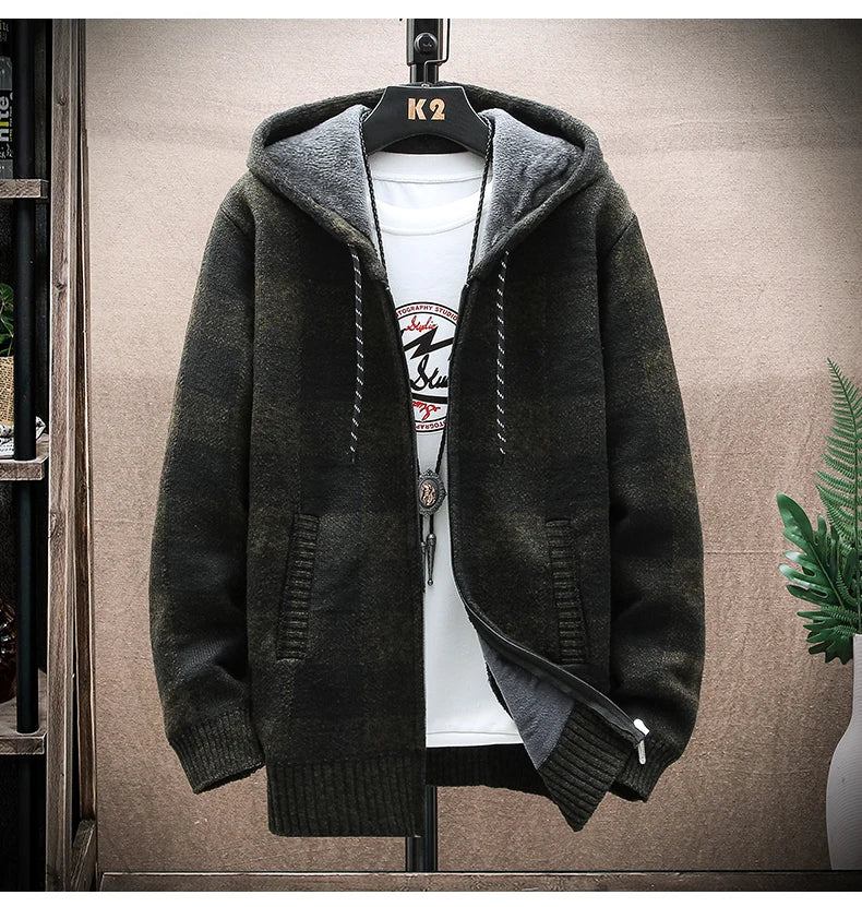 Shop Men's Plaid Hooded Cardigan Sweater - Warm Fleece Knit Jacket