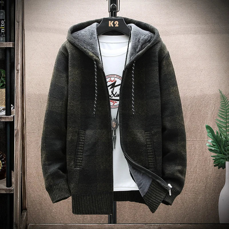Shop Men's Plaid Hooded Cardigan Sweater - Warm Fleece Knit Jacket