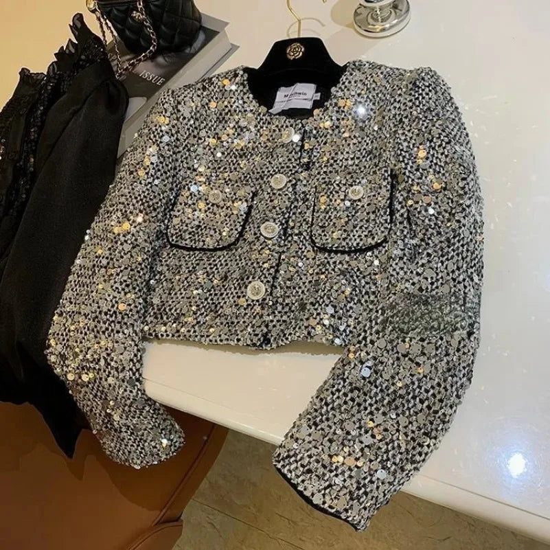 2024 Elegant Heavy Sequins Starlight Silver Jackets Long Sleeve Coat Women Y2k Grunge O-neck Spring Single Breasted Tops Mujer