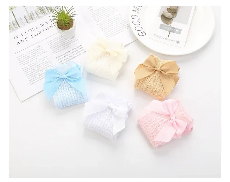 Summer Mesh Baby Girls Socks Cute Big Bows Soft Cotton Elastic White Red Newborn Stockings Knee High Long for Toddler Socks
