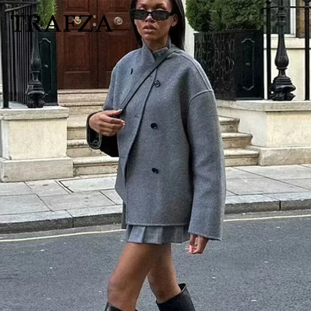 Shop Women's Woolen Coat - Casual, Double Breasted, Turtleneck Jacket