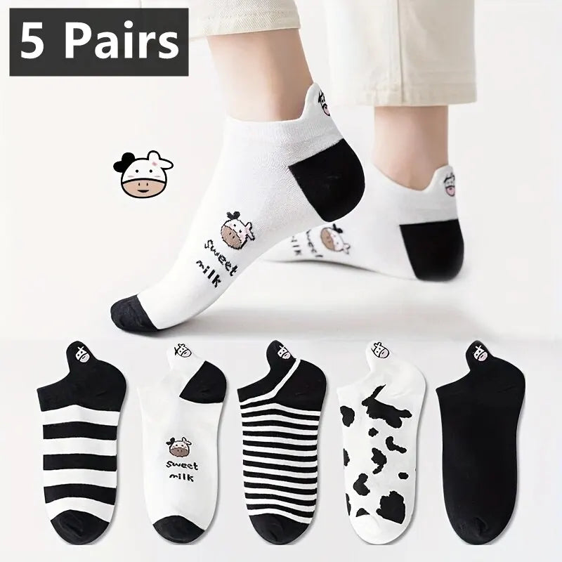 Shop 5 Pairs of Fun Cow Print Ankle Socks
