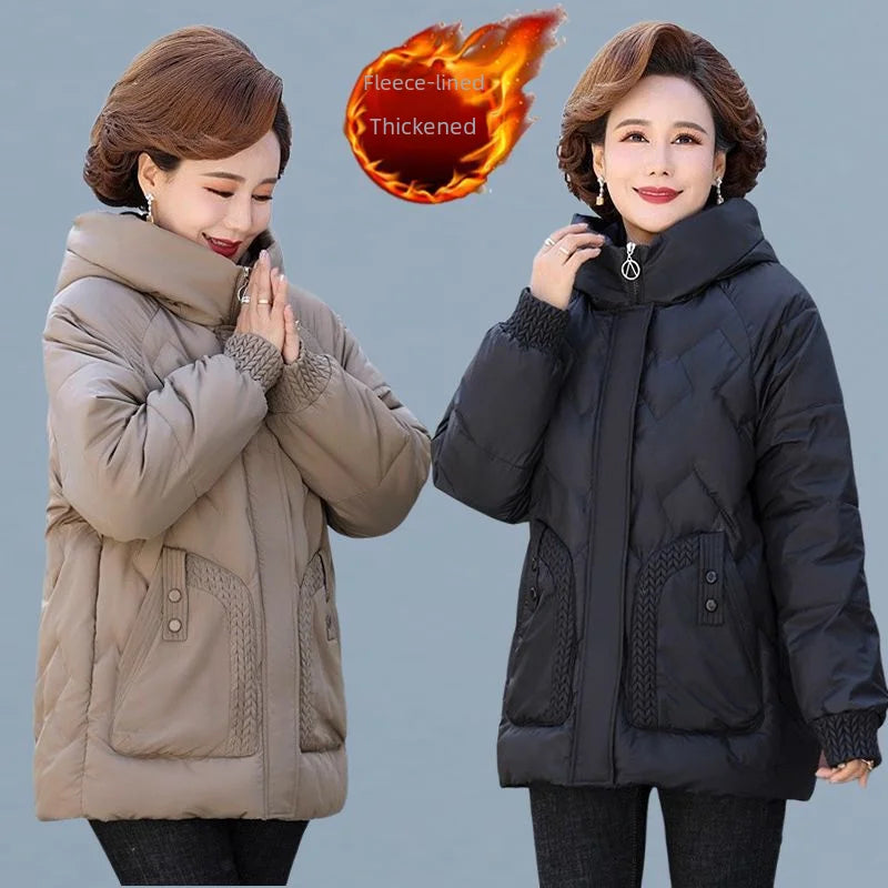 Stylish Thickened Cotton-padded Fleece-lined Jacket For Middle-aged Elderly Women Warm Winter Coat