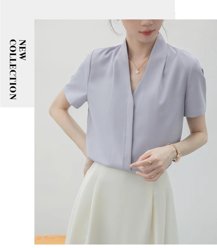 2025 Fashion Summer Short Sleeve V-Neck Women Blouse White Blouse Shirt Women Tops Blouses Shirts Blusas Para Mujer Camisas XL86