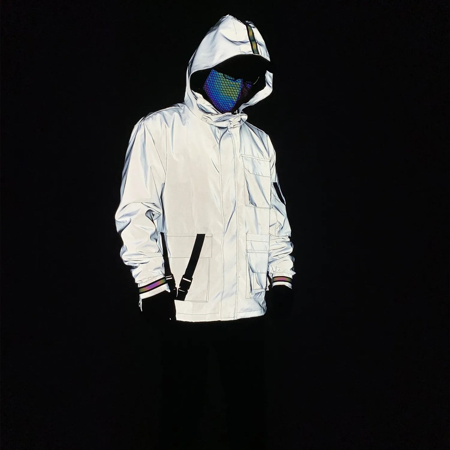 2023 Techwear Hip Hop Colorful Reflective Jacket Mens Ribbons Patchwork Reflect Light In Darkness Hooded Coat Bomber Jacket