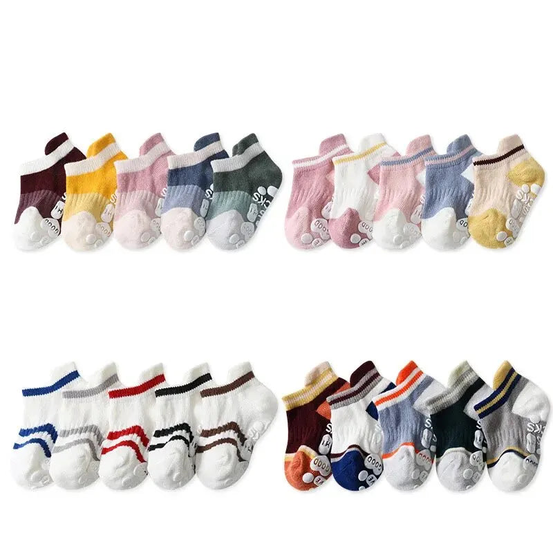 5-Pack Baby Anti-Slip Socks - Solid & Stripe for Newborns (0-5 Years)