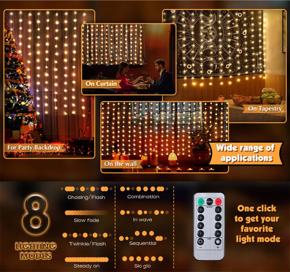 Shop LED Fairy Curtain Lights - 8 Modes, Remote & USB Powered for Festive Decor