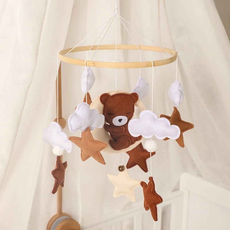 Let's Make Wooden Baby Rattles Soft Felt Cartoon Bear Cloudy Star Moon Hanging Bed Bell Mobile Crib Montessori Education Toys