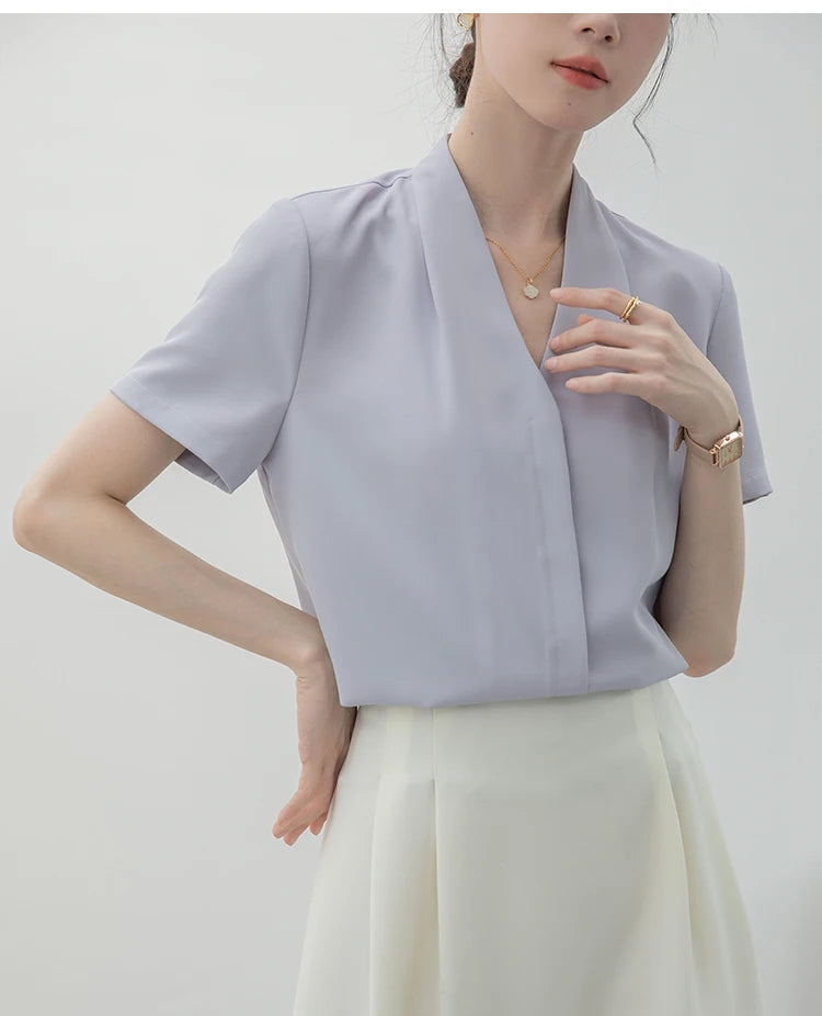 2025 Fashion Summer Short Sleeve V-Neck Women Blouse White Blouse Shirt Women Tops Blouses Shirts Blusas Para Mujer Camisas XL86