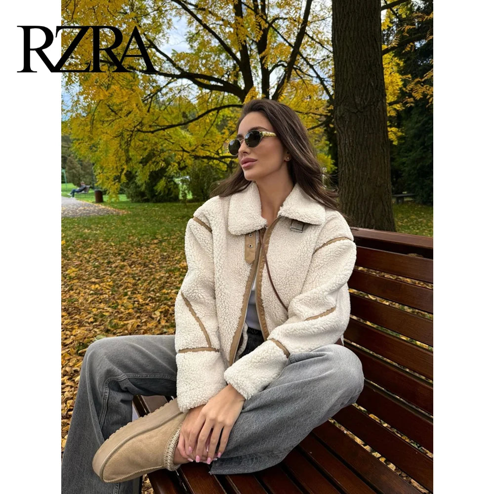 Shop Women's Contrast Stripe Fleece Jacket - Double-Sided Lapel Warm Coat