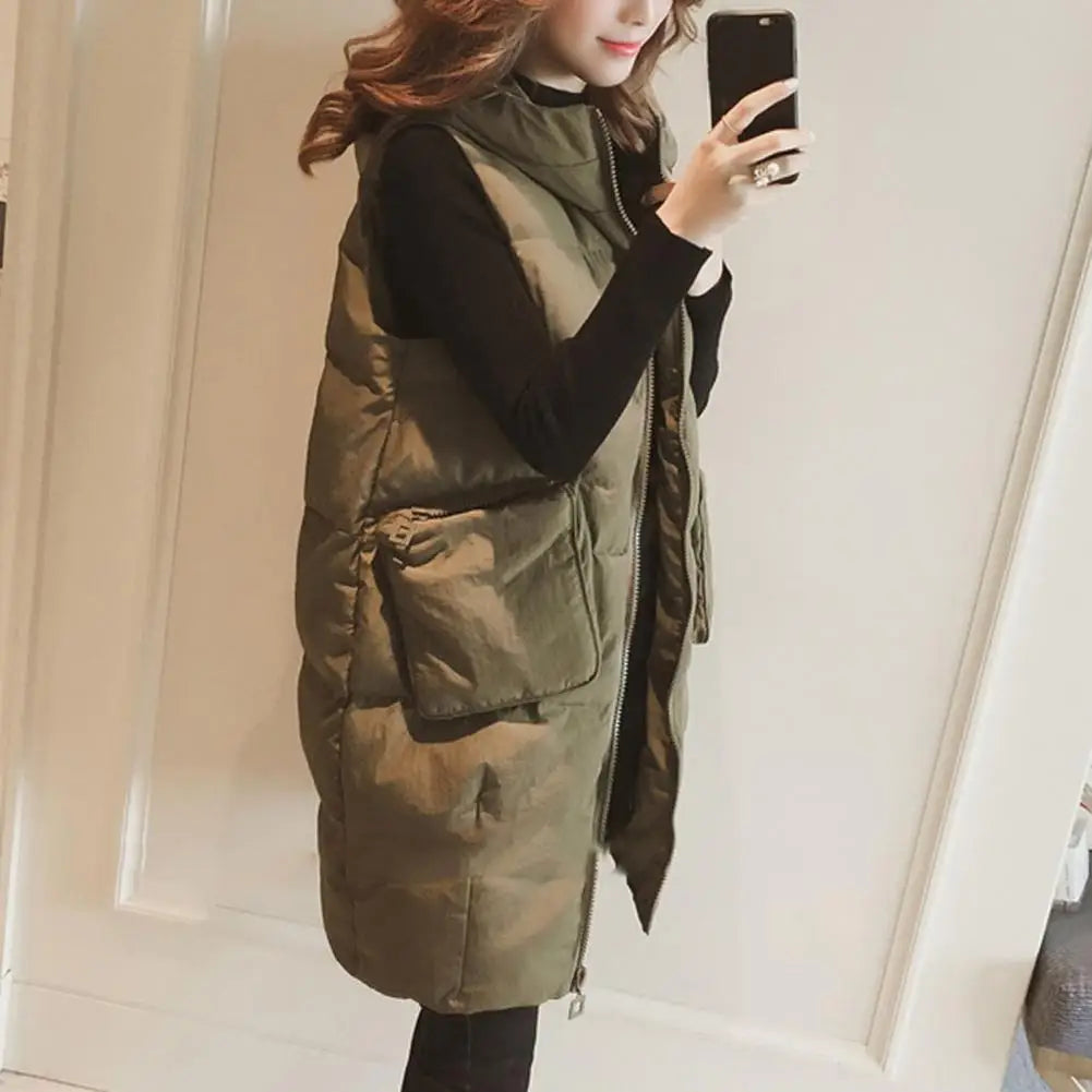 Women Waistcoat Solid Color Long Waistcoat Hooded Sleeveless Zipper Placket Vest Coat Cotton-padded Front Zipper Women Vest