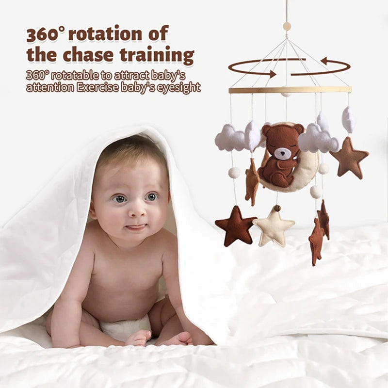 Let's Make Wooden Baby Rattles Soft Felt Cartoon Bear Cloudy Star Moon Hanging Bed Bell Mobile Crib Montessori Education Toys