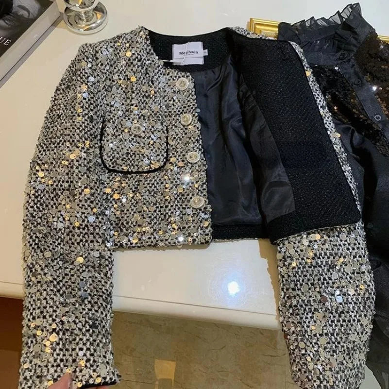 2024 Elegant Heavy Sequins Starlight Silver Jackets Long Sleeve Coat Women Y2k Grunge O-neck Spring Single Breasted Tops Mujer