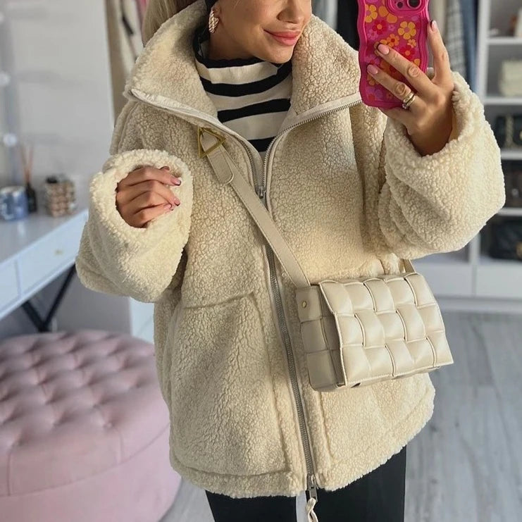 Shop Women's Oversized Teddy Fleece Coat - Warm Plush Lamb Wool Jacket