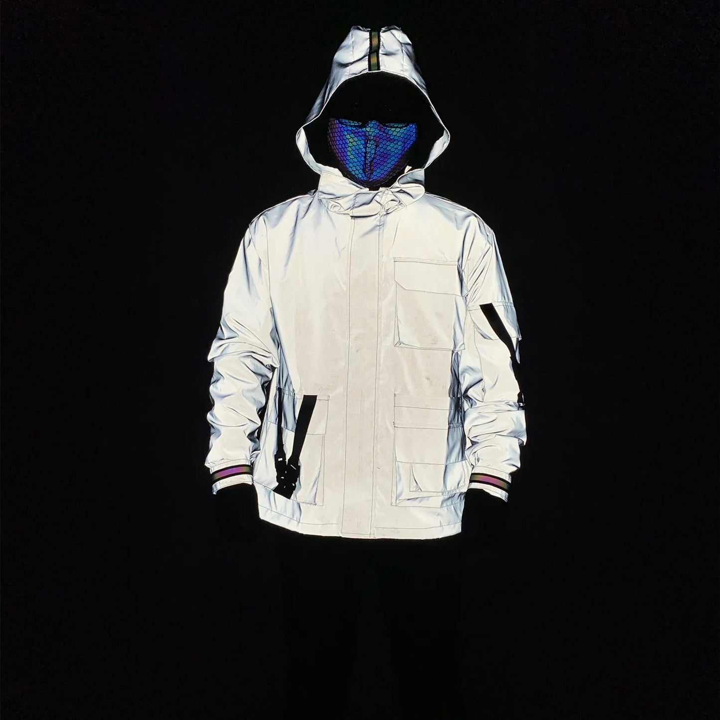 2023 Techwear Hip Hop Colorful Reflective Jacket Mens Ribbons Patchwork Reflect Light In Darkness Hooded Coat Bomber Jacket
