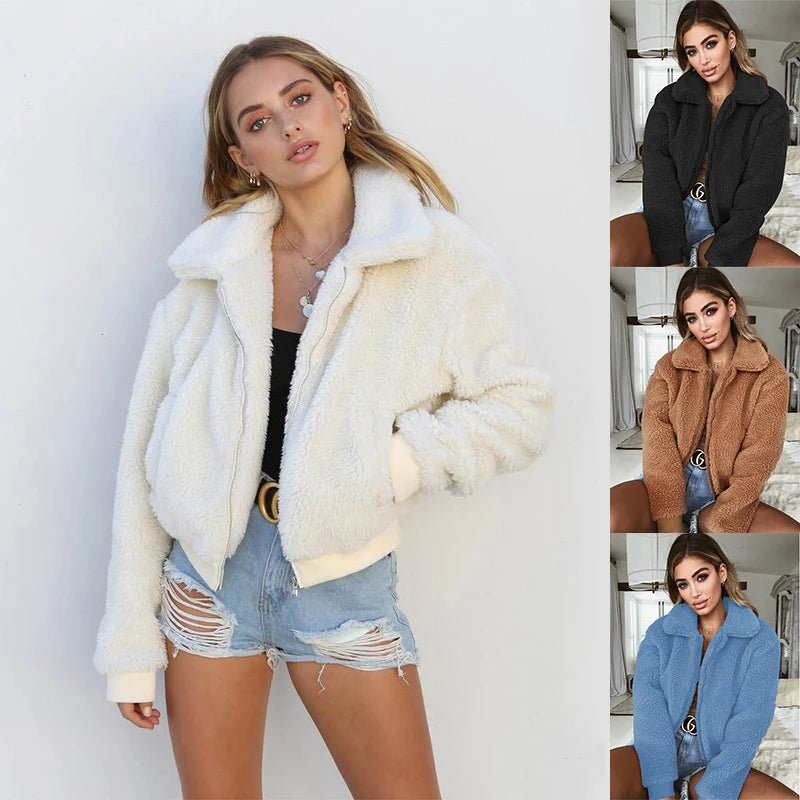Shop Women's Teddy Fleece Hoodie - Casual Zipper Lapel Coat