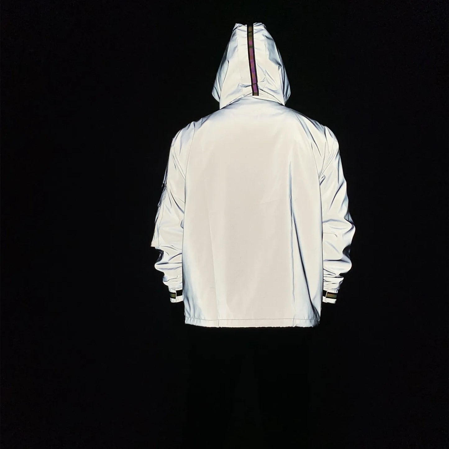 2023 Techwear Hip Hop Colorful Reflective Jacket Mens Ribbons Patchwork Reflect Light In Darkness Hooded Coat Bomber Jacket