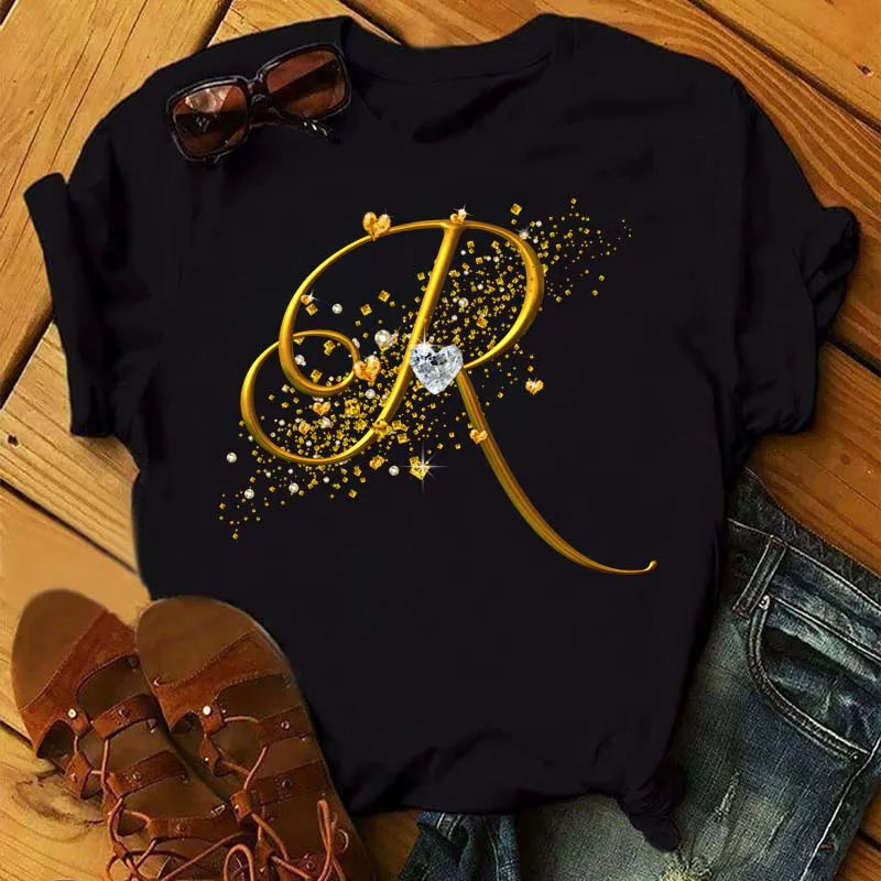 Custom Name Letter Combination Fashion Women T-shirt Diamond Gold Letter Font A B C D E F G Short Sleeve Tops Black T-shirt