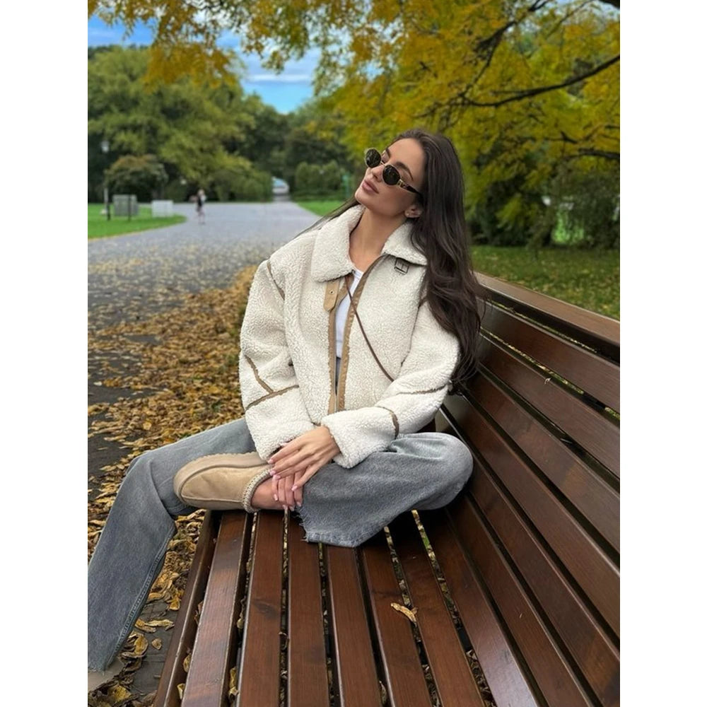Shop Women's Contrast Stripe Fleece Jacket - Double-Sided Lapel Warm Coat