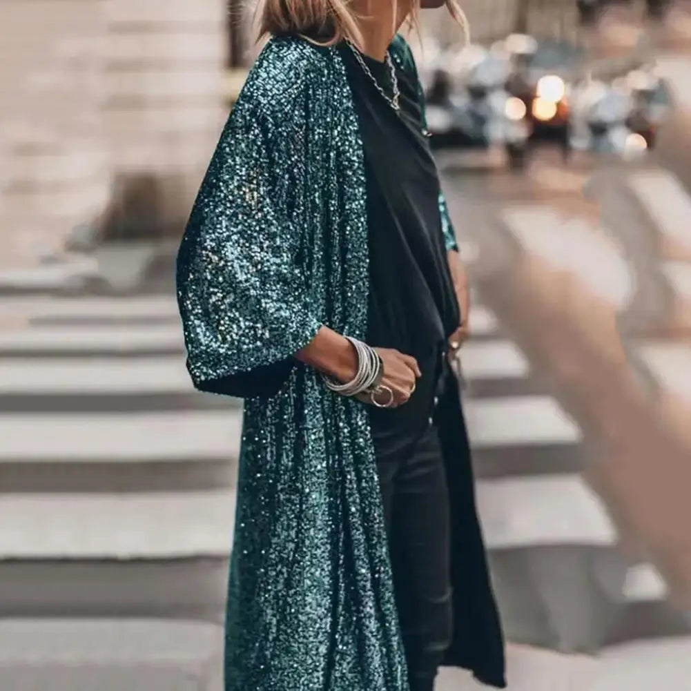 Classic Gown Cape Skin-touch Cardigan Coat No Buttons Party Shiny Glitter Coat Outerwear Windproof