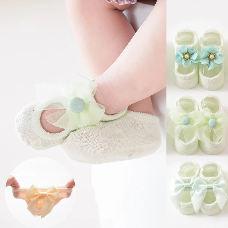 3 Pairs Baby Girl Ankle Socks Lace Bow Infant Anti Slip Socks Newborn Princess Pearl Low Cut Socks Children Home Floor Shoes