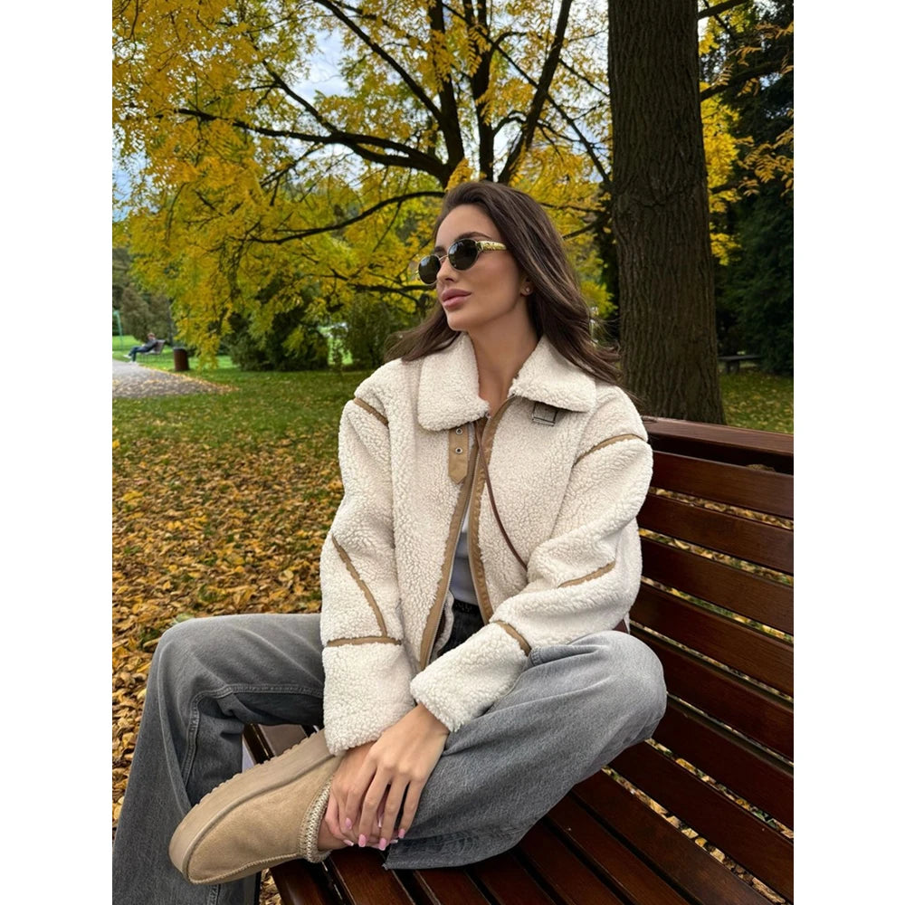 Shop Women's Contrast Stripe Fleece Jacket - Double-Sided Lapel Warm Coat