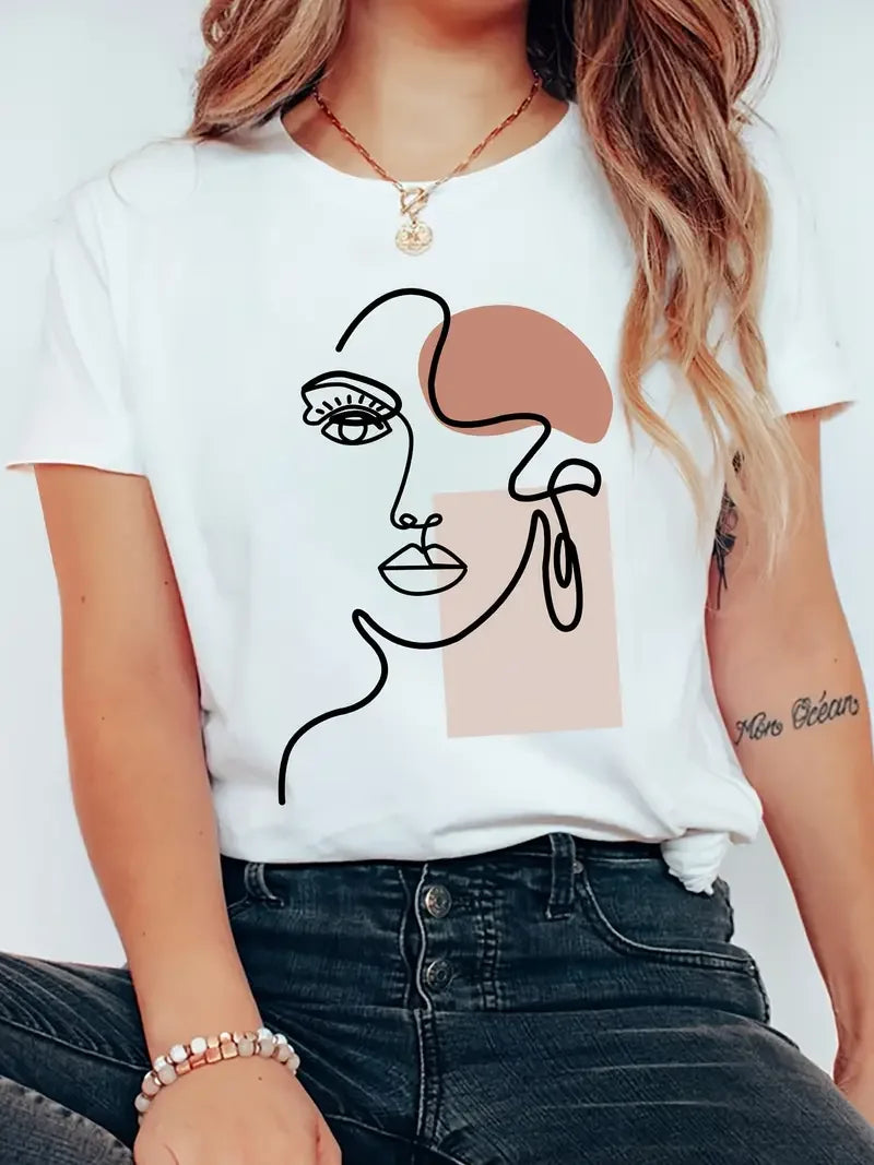 Simple Line Pattern Women's Face Printing tees Women T-Shirts Casual Soft Short Sleeve Tops Loose Comfortable Clothes