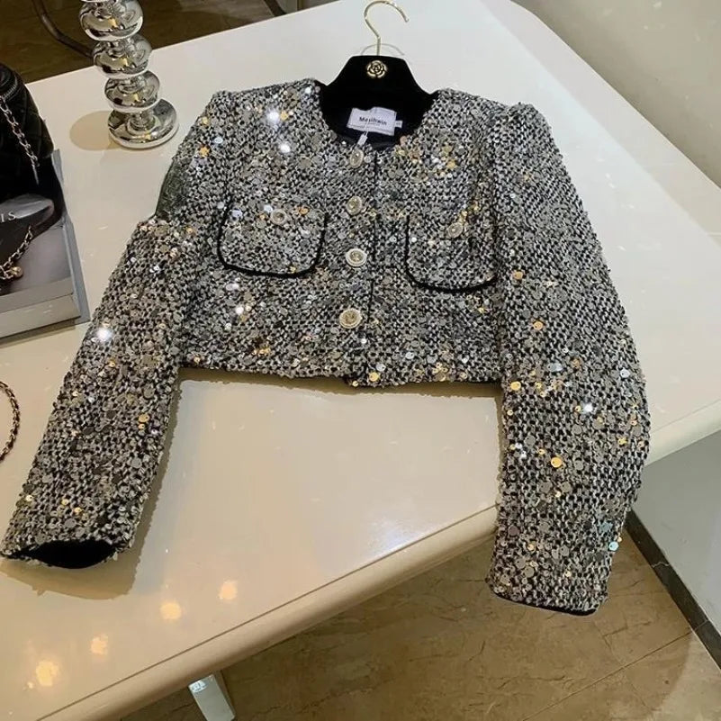 2024 Elegant Heavy Sequins Starlight Silver Jackets Long Sleeve Coat Women Y2k Grunge O-neck Spring Single Breasted Tops Mujer