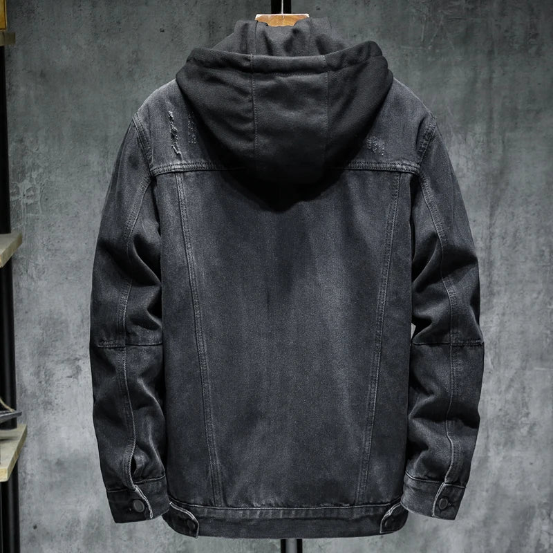 Liner Thicker Winter Black Hooded Denim Jacket Outerwear Warm Men Lining Plus Cotton Thick Cowboy Jacket Coat Large Size 5XL