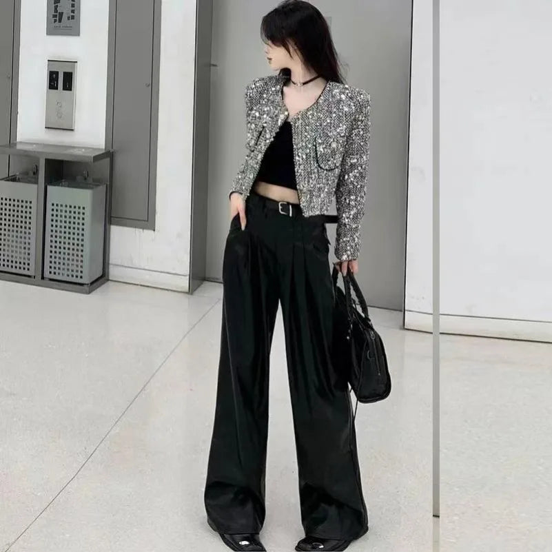 2024 Elegant Heavy Sequins Starlight Silver Jackets Long Sleeve Coat Women Y2k Grunge O-neck Spring Single Breasted Tops Mujer