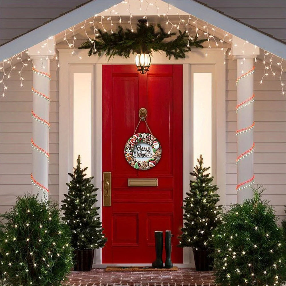 1pc, 2D Merry Christmas Garland, Santa Claus Candy Christmas Tree 7.87inch Wooden Round-shaped Hanging Wall or Door Decor