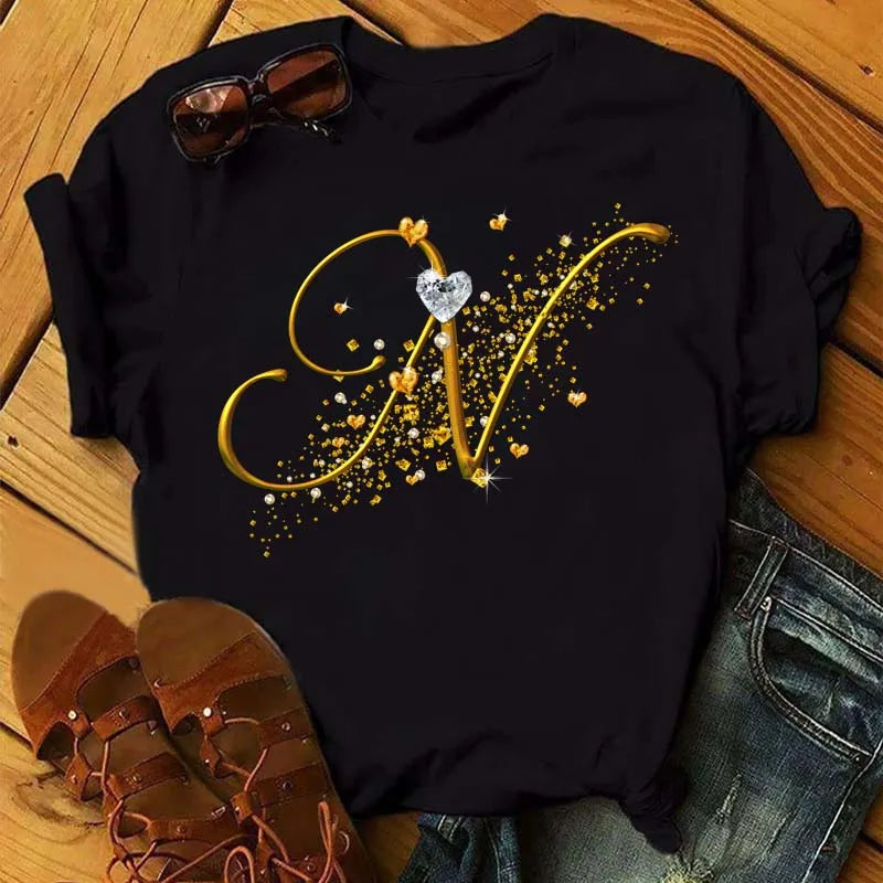 Custom Name Letter Combination Fashion Women T-shirt Diamond Gold Letter Font A B C D E F G Short Sleeve Tops Black T-shirt