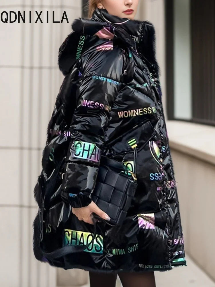 Women's Down Jacket Mid Length Korean Fashion Parka Tops Hooded Warm New Black Coat Glossy Casual Loose Jackets for Women 2024