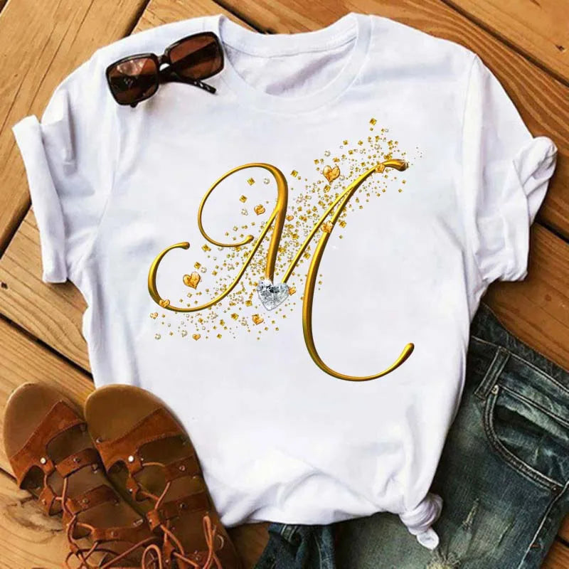 Custom Name Letter Combination Fashion Women T-shirt Diamond Gold Letter Font A B C D E F G Short Sleeve Tops Black T-shirt