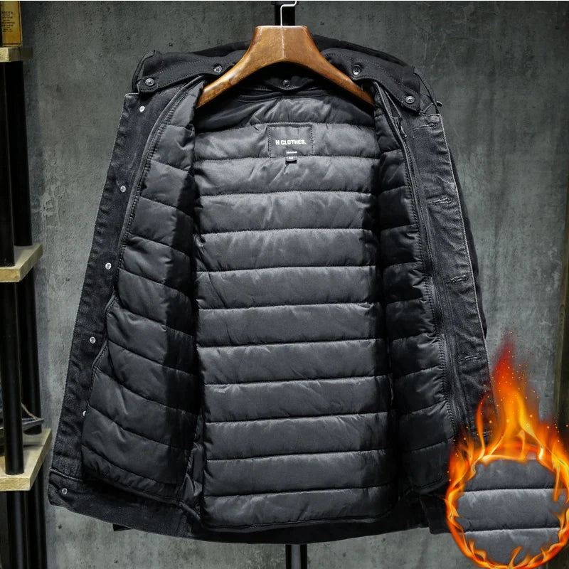 Liner Thicker Winter Black Hooded Denim Jacket Outerwear Warm Men Lining Plus Cotton Thick Cowboy Jacket Coat Large Size 5XL
