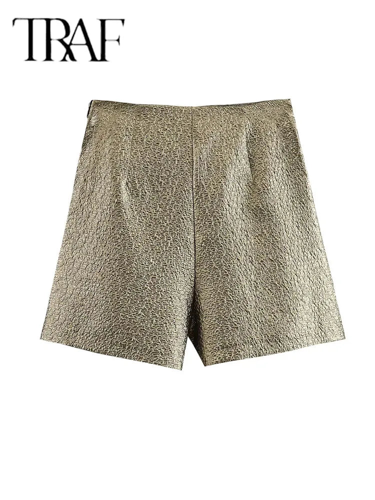 TRAF 2024 Knot Mini Skirt Shorts Woman Gold Women's Skort Pleated High Waist Short Skirts For Women Chic And Elegant Woman Skirt
