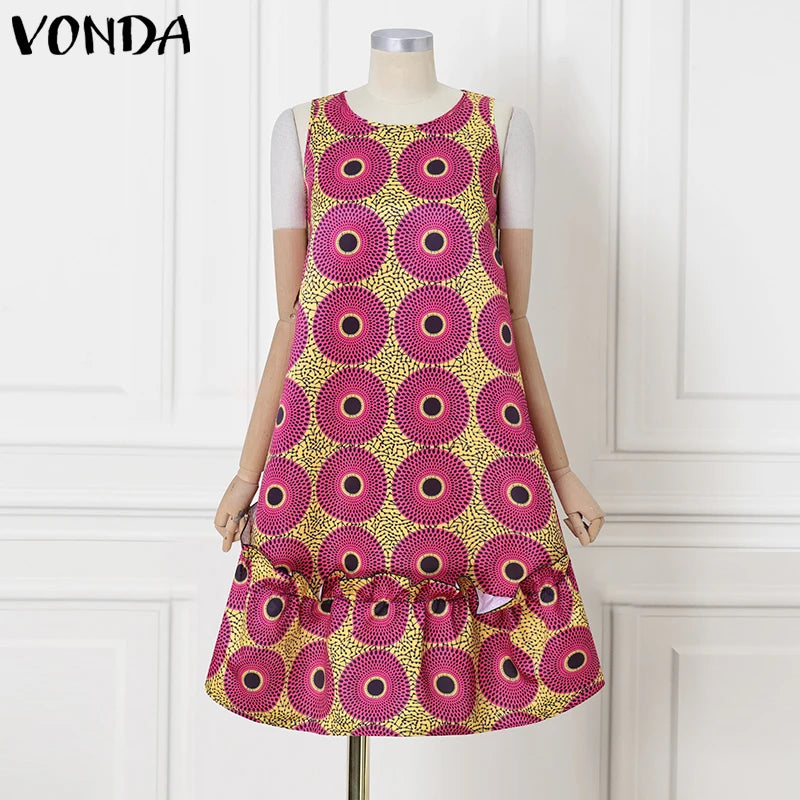 VONDA Bohemian Dress Women Printed Sleeveless Summer Sundress 2025 Loose Casual Ruffled Party Vestidos Oversized Mid-Calf Robe