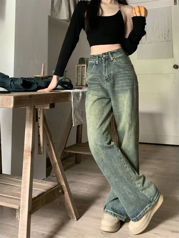 Shop Y2K Baggy Wide-Leg Jeans - Vintage Washed Denim Pants for Women