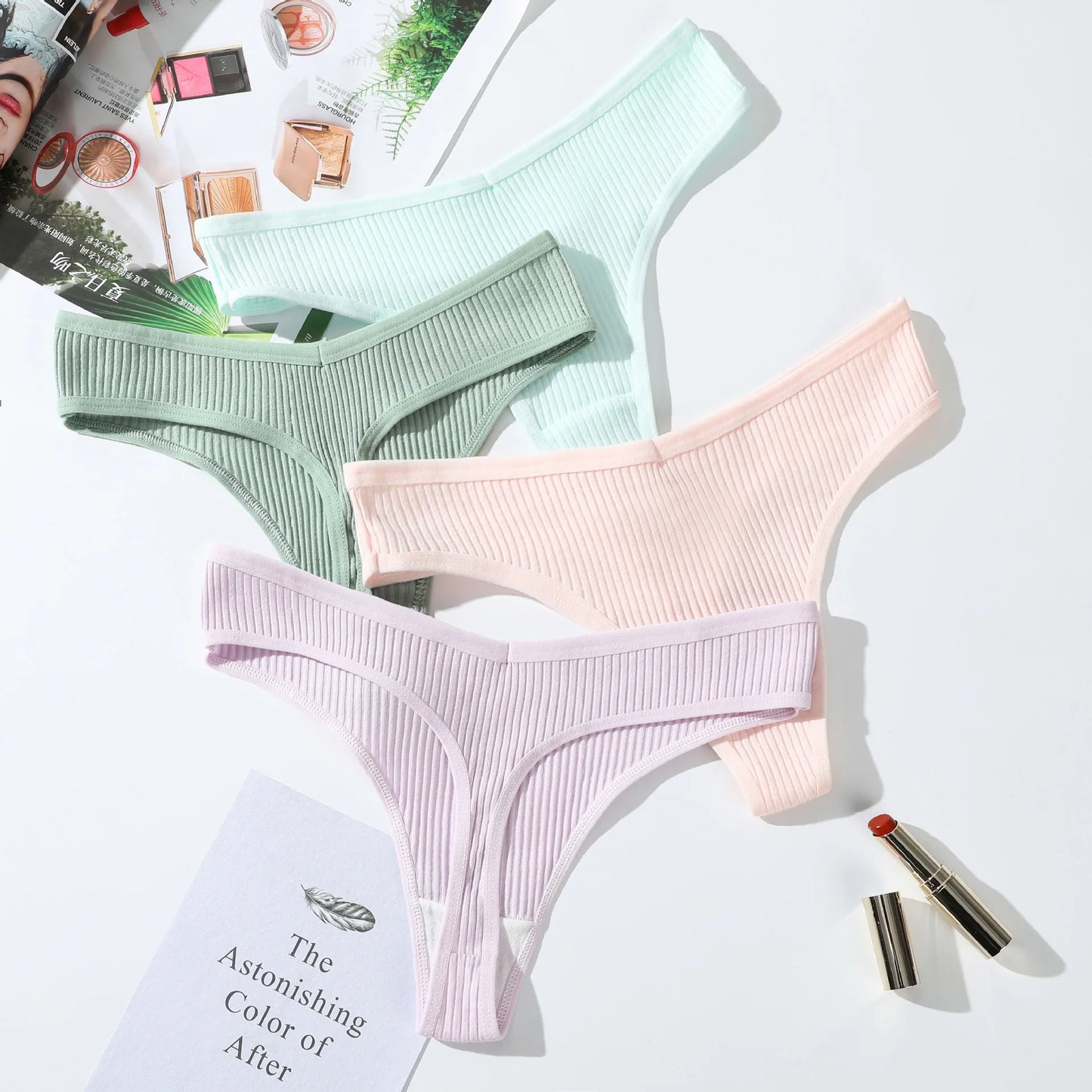 Shop 4-Piece Cotton Women's Breathable Thongs - Striped G-String Lingerie