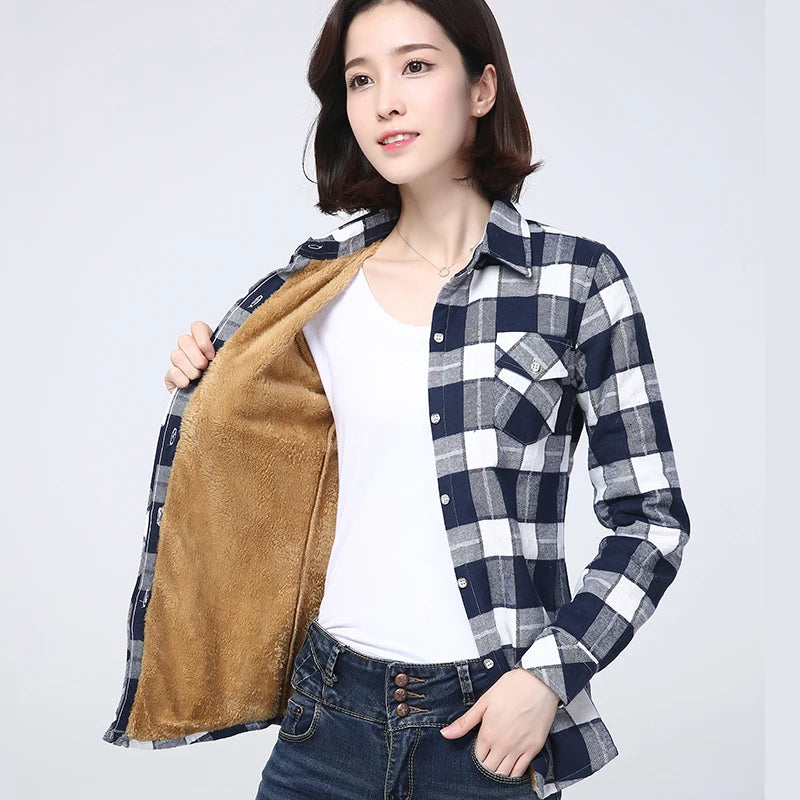 Shop Women's Warm Plaid Shirt Coat - Casual Fleece Velvet Jacket
