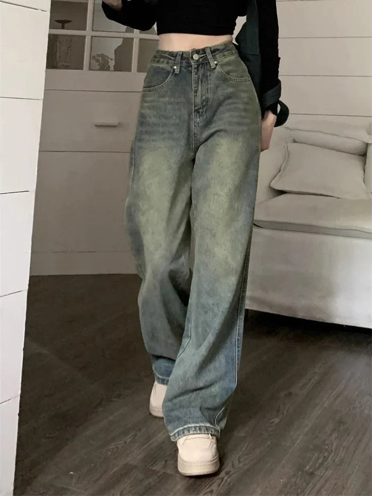 Shop Y2K Baggy Wide-Leg Jeans - Vintage Washed Denim Pants for Women