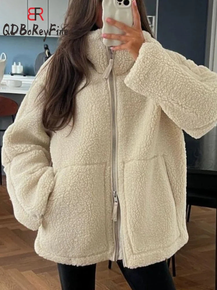 Shop Women's Oversized Teddy Fleece Coat - Warm Plush Lamb Wool Jacket