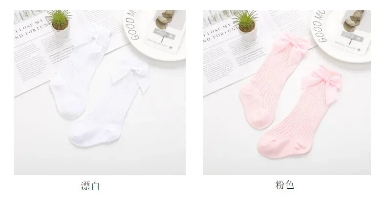 Summer Mesh Baby Girls Socks Cute Big Bows Soft Cotton Elastic White Red Newborn Stockings Knee High Long for Toddler Socks