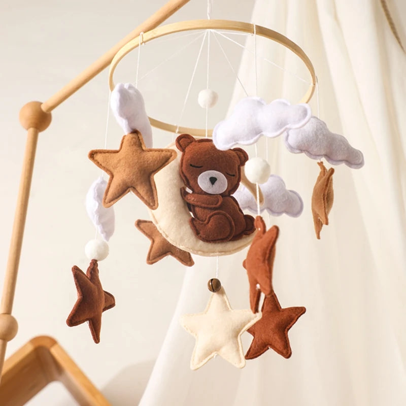 Let's Make Wooden Baby Rattles Soft Felt Cartoon Bear Cloudy Star Moon Hanging Bed Bell Mobile Crib Montessori Education Toys
