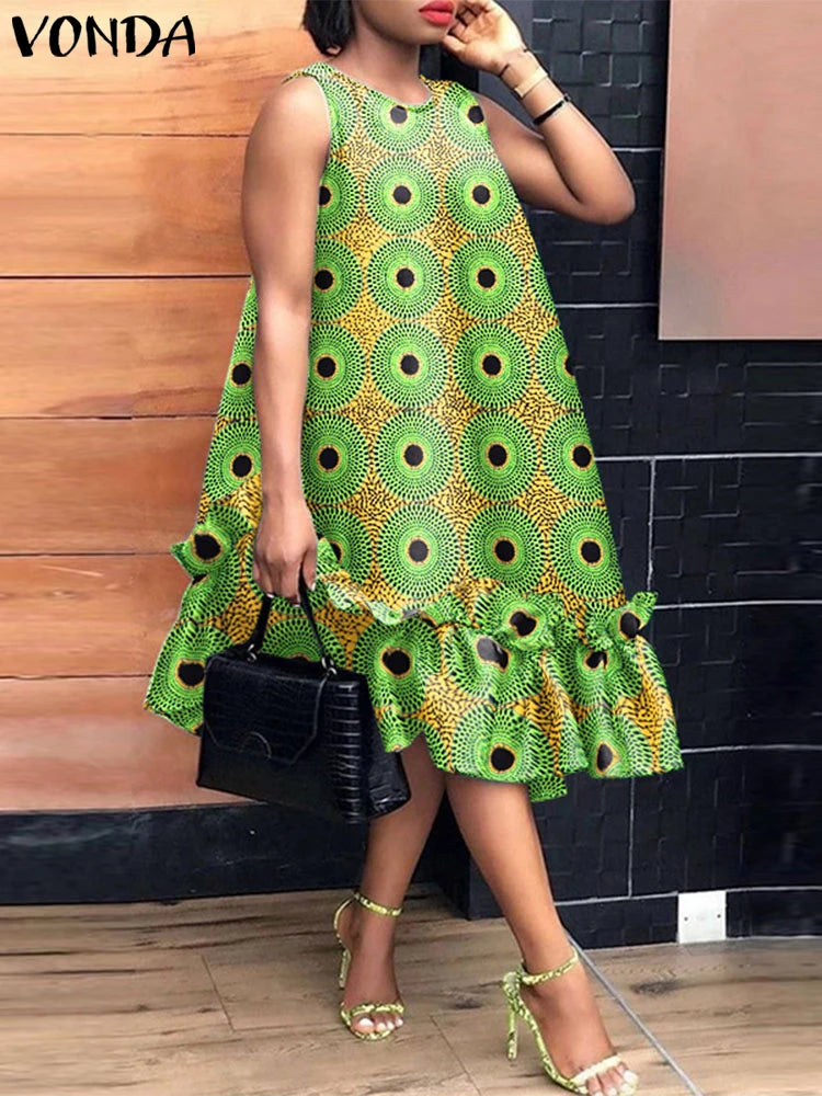 VONDA Bohemian Dress Women Printed Sleeveless Summer Sundress 2025 Loose Casual Ruffled Party Vestidos Oversized Mid-Calf Robe