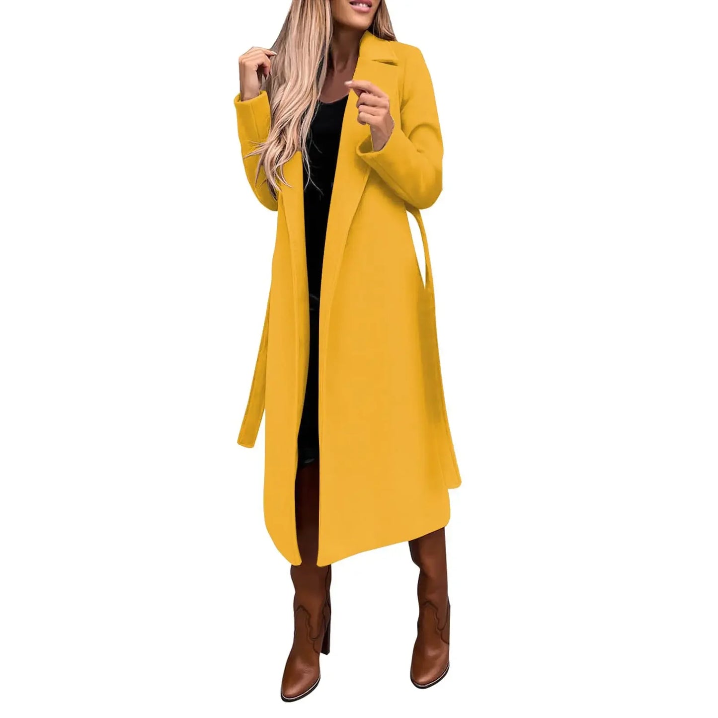 Amazon Cross-border Women's Autumn/winter Solid Color Lapel Long Sleeve Woolen Jacket Simple Tied Windbreaker