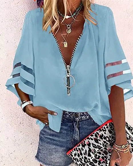 Women's Casual Loose V-neck Half-flat Sleeve Blouse 2025 Spring Summer Tops Streetwear Ladies Spliced zipper Solid Shirts
